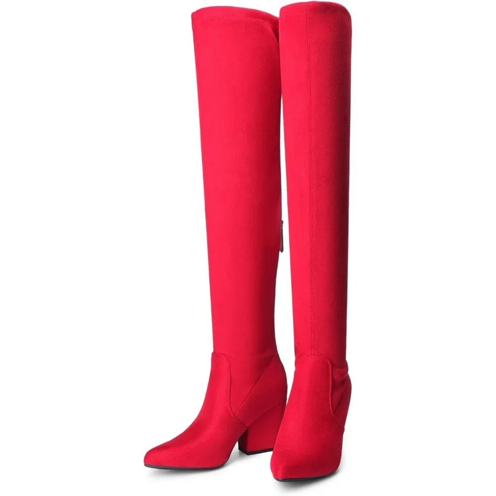 Women's Red Thigh High Knee Chunky Pointed Toe Long Block Stylish Heel Boot